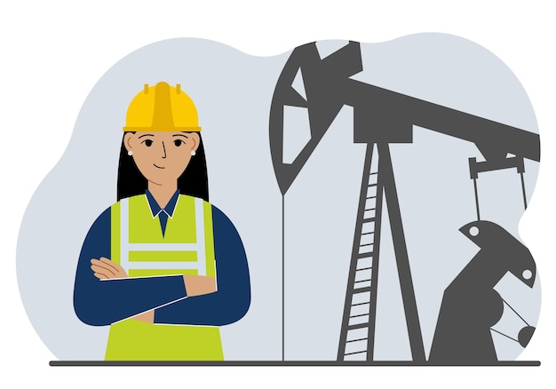 Ingeniera de refinería de petróleo Una trabajadora frente a una unidad de bombeo para extracción de petróleo, perforación de petróleo y reparación de pozos Ilustración plana vectorial