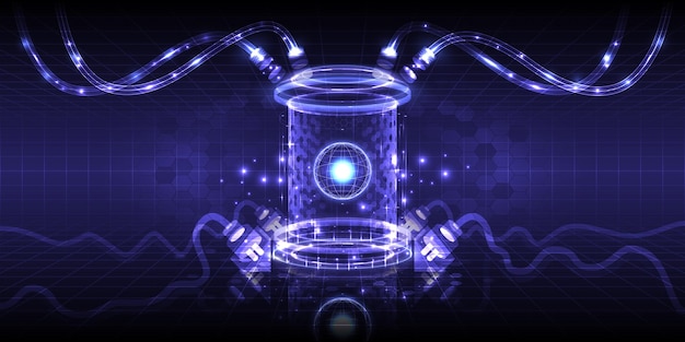 Ingeniería de ciencia tecnológica Laboratorio futurista o sala para datos de análisis de investigación Interfaz 3D HUD Podio de escenario y holograma de puerta para UI GUI y presentación web