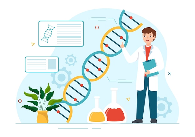 Ingeniería genética e ilustración de modificación de ADN con investigación genética o científico experimental