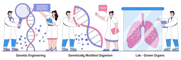 Ingeniería genética organismo modificado genéticamente concepto de órganos cultivados en laboratorio con carácter de personas