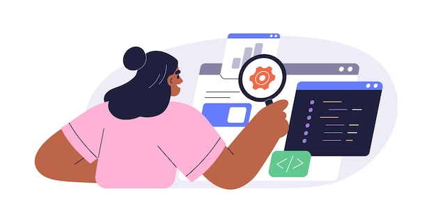Ingeniería de software y concepto de desarrollo Programador codificador desarrollando código de prueba guión Tecnología de la información profesional de respaldo Ilustración vectorial plana aislada sobre fondo blanco