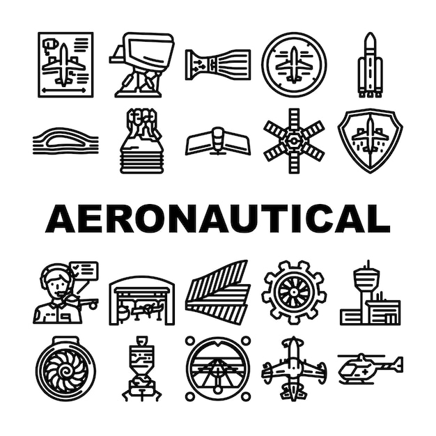 Ingeniero aeronáutico conjunto de iconos de aviación vector avión avión aeroespacial jet aeroplano control de mantenimiento del motor del aeropuerto piloto ingeniero aeronáutico aviación ilustraciones de contorno negro