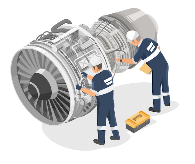 Ingeniero de aeronaves técnicos de ingeniería de mantenimiento de motores a reacción comprobando el servicio de turbina de avión