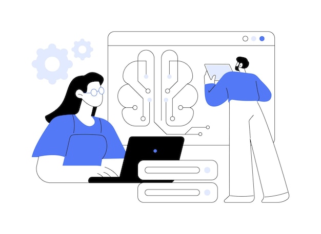 Ingeniero de aprendizaje automático AI Arquitecto concepto abstracto ilustración vectorial Grupo de diversos ingenieros de aprendizaje automático discutiendo un nuevo proyecto transferencia de datos grandes Tecnología de TI metáfora abstracta