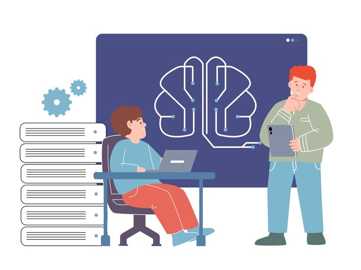 Vector ingeniero de aprendizaje automático ai desarrollador de software de inteligencia artificial programador cerebro y servidor