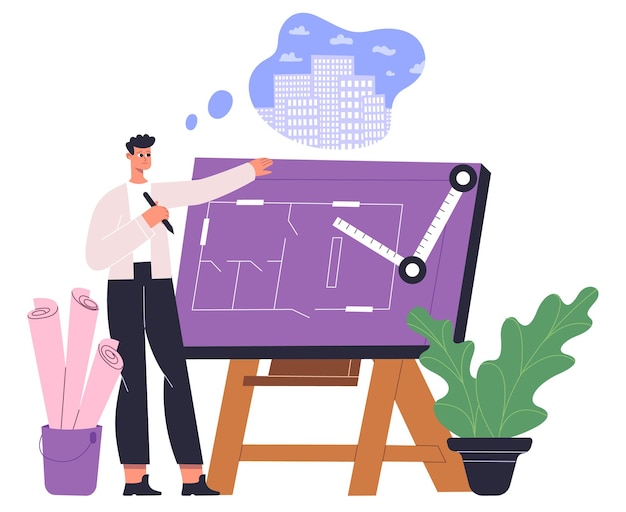 Ingeniero arquitecto profesional trabajando en proyecto arquitectónico. Arquitecto ocupacional masculino dibujo planos ilustración vectorial. Espacio de oficina de arquitecto hombre. Ingeniería de construcción profesional