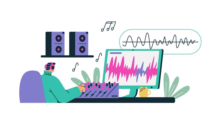 Vector ingeniero de audio de diseñador de sonido en la ilustración de vector plano de lugar de trabajo aislado
