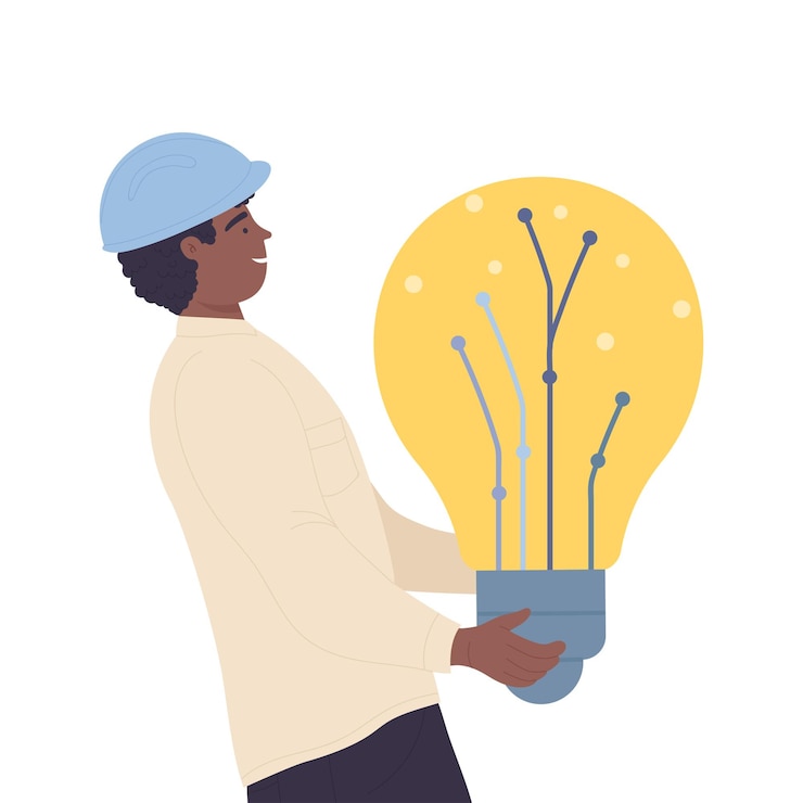 Vector ingeniero con una bombilla brillante hombre con idea creativa y proyecto