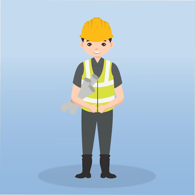 Vector ingeniero de campo que usa un trabajador de chaleco de señal de casco en un personaje de dibujos animados de diferentes poses
