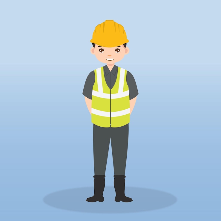 Vector ingeniero de campo que usa un trabajador de chaleco de señal de casco en un personaje de dibujos animados de diferentes poses