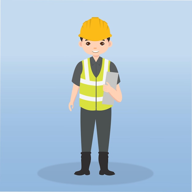 Ingeniero de campo que usa un trabajador de chaleco de señal de casco en un personaje de dibujos animados de diferentes poses