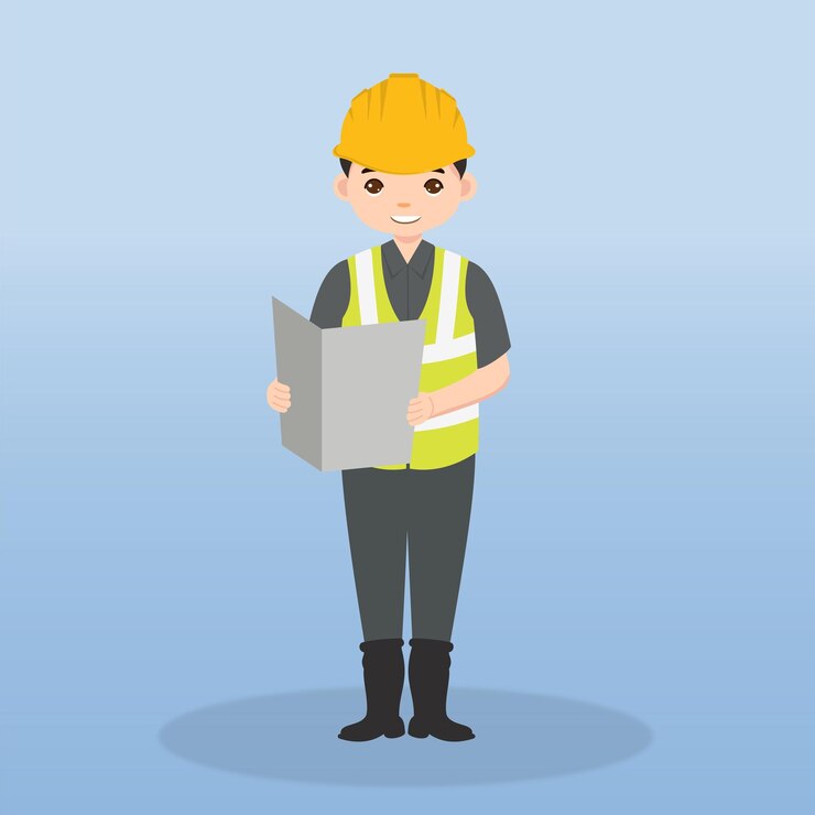 Vector ingeniero de campo que usa un trabajador de chaleco de señal de casco en un personaje de dibujos animados de diferentes poses