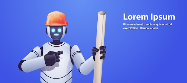 Ingeniero de capataz de robot en casco con dibujos de construcción arquitecto robótico moderno con planos tecnología de inteligencia artificial