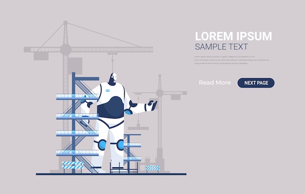 Ingeniero de capataz de robot moderno contra el sitio de construcción con la construcción de grúas torre banner