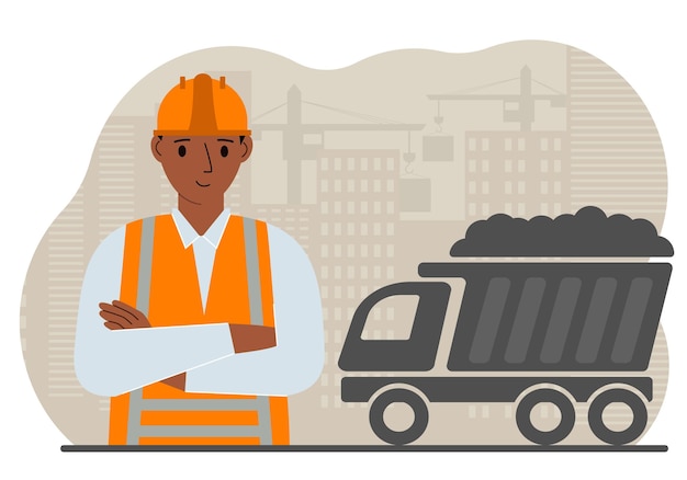 Ingeniero civil con chaleco y casco en un sitio de construcción Trabajadores y camión volquete con arena Diseño de desarrollo para el sitio Ilustración plana vectorial