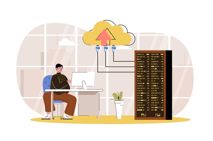 Vector el ingeniero de concepto web del centro de datos admite y mantiene la computación en la nube de la sala de racks de servidores