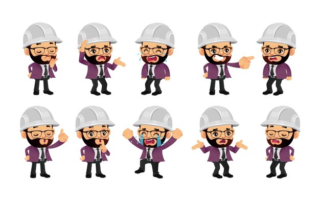 Ingeniero de conjunto lindo con diferentes emociones.
