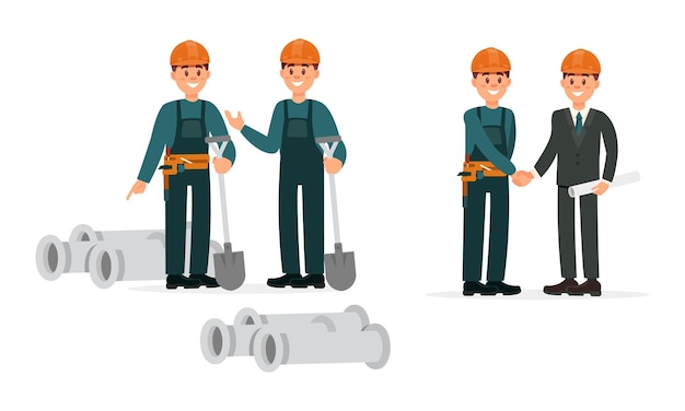 Ingeniero y constructor trabajando en un sitio de construcción Conjunto de ilustraciones vectoriales