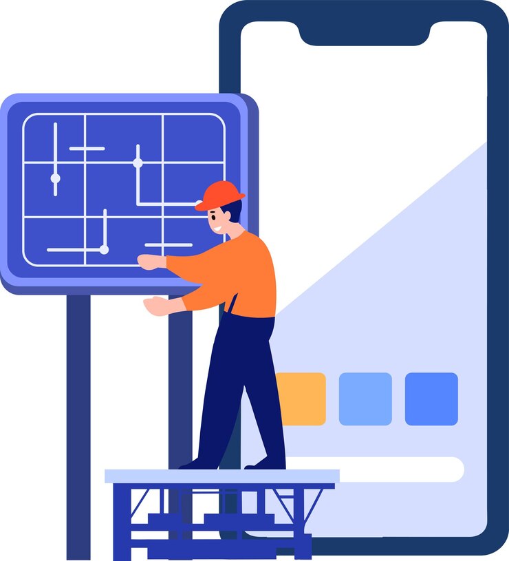 Vector ingeniero dibujado a mano instalando células solares en estilo plano aislado en el fondo