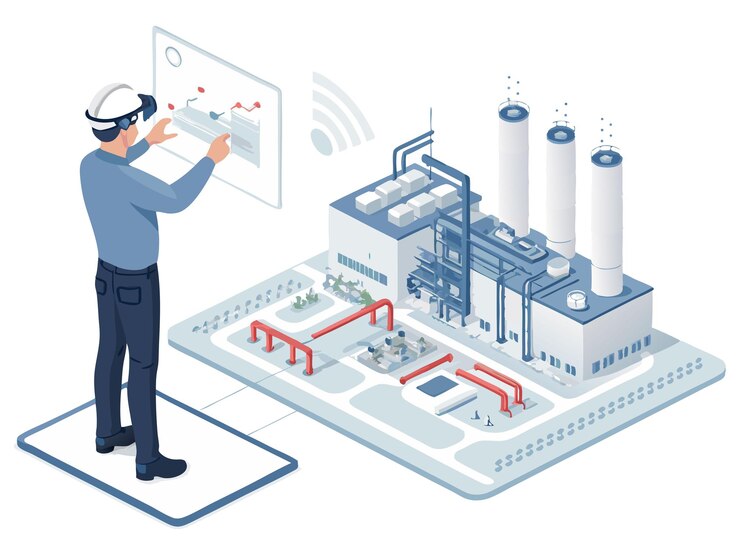 Ingeniero industrial futurista que utiliza ARVR para el diseño de fábricas inteligentes Amplificador gemelo digital Industria 40 C
