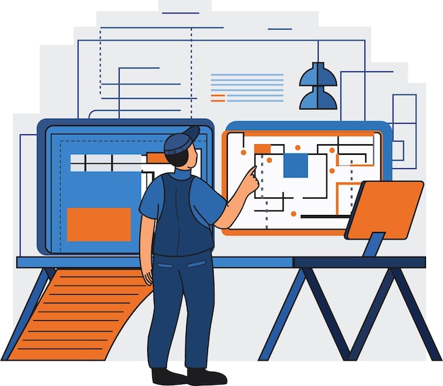 Vector ingeniero masculino que supervisa la ilustración del trabajo de construcción en estilo garabato