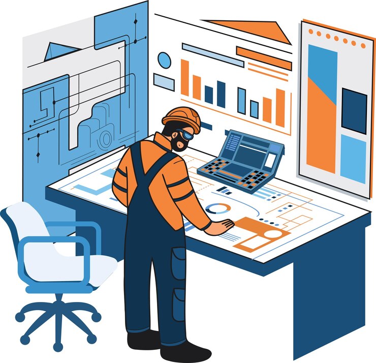 Vector ingeniero masculino que supervisa la ilustración del trabajo de construcción en estilo garabato