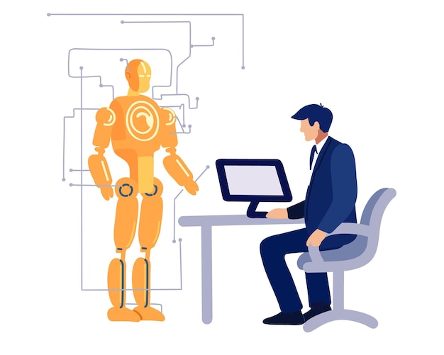 Vector ingeniero masculino sentado en la computadora y hombre robot en un fondo blanco