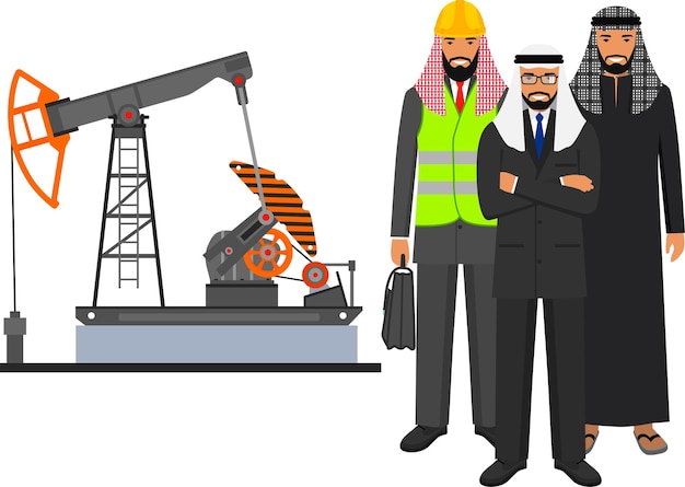 Ingeniero de negocios musulmán árabe y bomba de aceite en ilustración vectorial de estilo plano