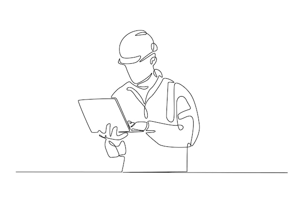 Ingeniero con portátil en dibujo continuo de una línea