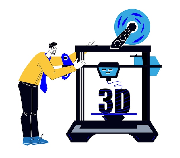 Ingeniero que imprime un objeto tridimensional usando un vector plano de impresora 3d aislado