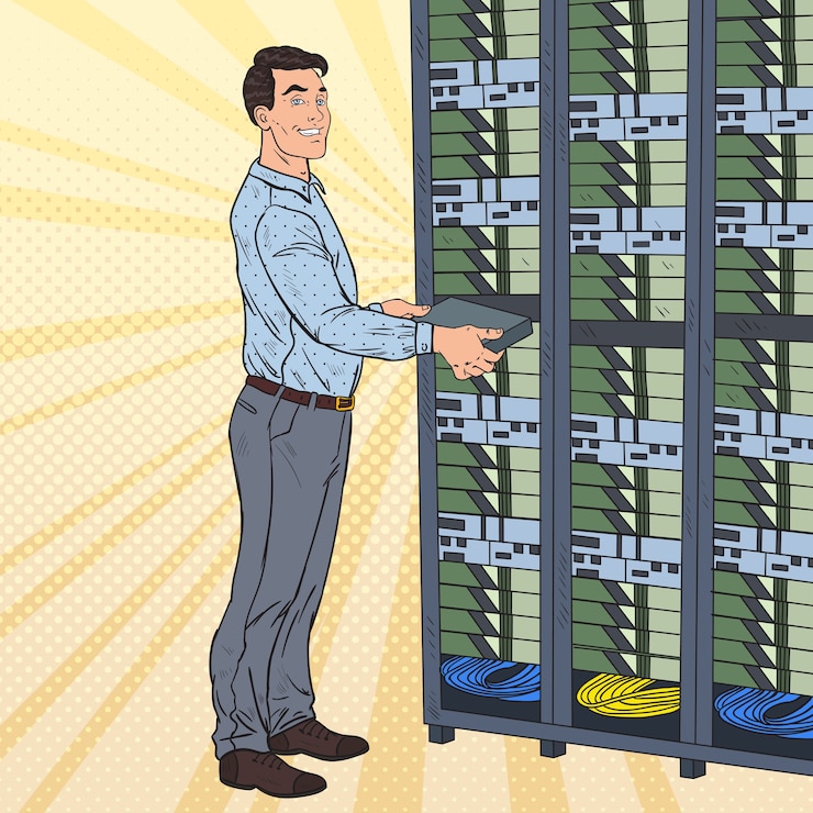 Vector ingeniero que trabaja con el centro de datos de hardware