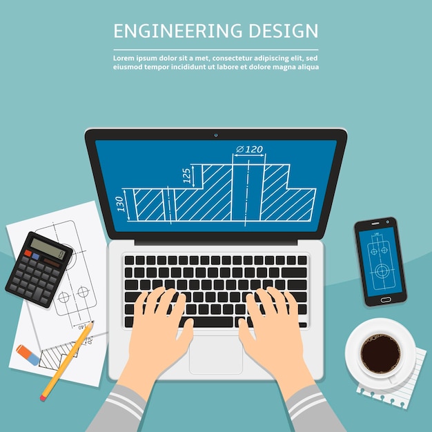 Vector ingeniero que trabaja en la computadora portátil con plano en pantalla