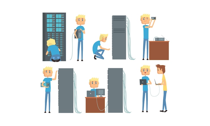 Vector ingeniero de red administrador que trabaja en un conjunto de centros de datos técnico informático involucrado en el mantenimiento de módulos de sistema ilustración vectorial del servicio de red