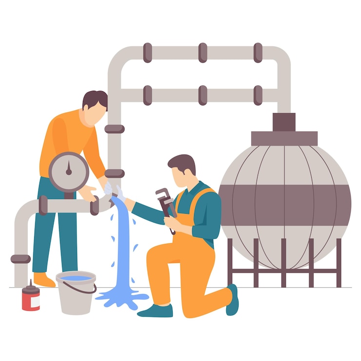 Vector ingeniero de reparación de tuberías esféricas de tanques de gas natural concepto de tuberista que se ocupa de tuberías marinas