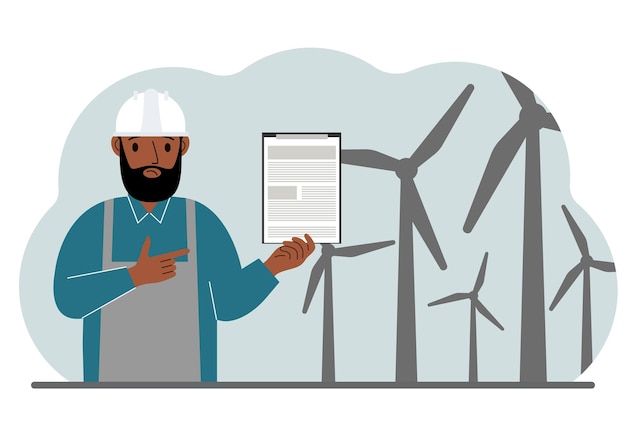 Ingeniero técnico hombre energía parque eólico El concepto de energía alternativa limpia Protección del medio ambiente protección de la ecología Vector ilustración plana