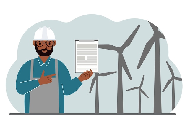Ingeniero técnico hombre energía parque eólico El concepto de energía alternativa limpia Protección del medio ambiente protección de la ecología Vector ilustración plana