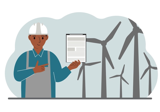 Ingeniero técnico hombre energía parque eólico El concepto de energía alternativa limpia Protección del medio ambiente protección de la ecología Vector ilustración plana