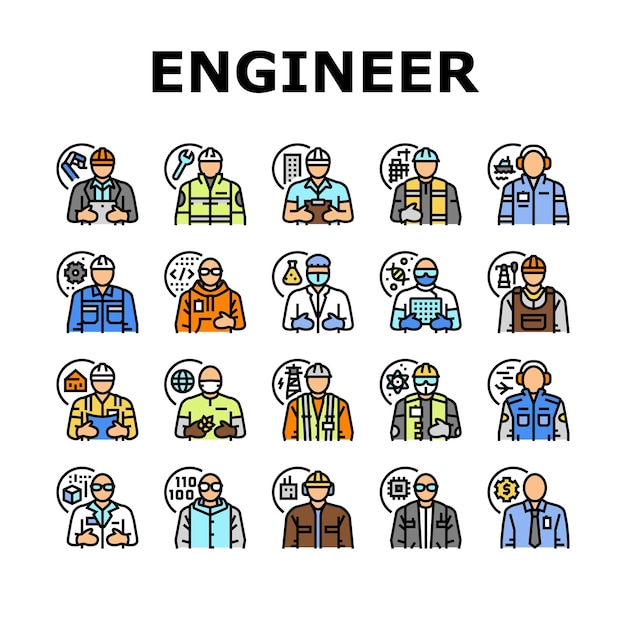 Ingeniero tecnología trabajo hombre iconos conjunto vector