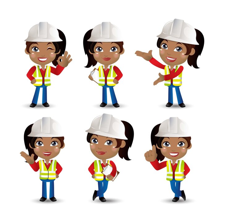 Vector ingeniero de trabajador constructor de profesión con diferentes poses