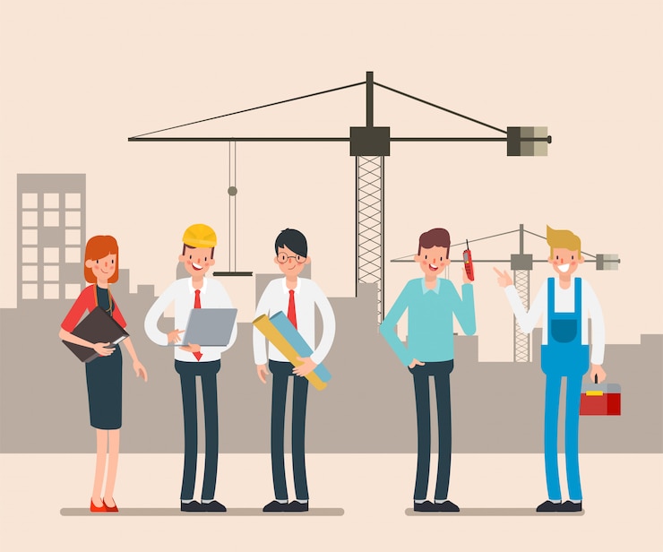 Vector ingeniero de trabajo en equipo industria de animación de personajes.