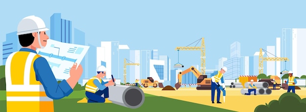 Los ingenieros están supervisando la construcción de tuberías de agua subterránea trabajador de inspección trabajando en la ciudad moderna