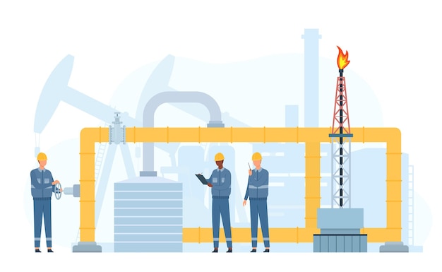 Los ingenieros reparan y dan servicio a las tuberías de transporte de petróleo o gas. Los trabajadores de la industria petrolera controlan la válvula. Concepto de vector de mantenimiento de tuberías de metal. Oilman personas inspeccionando la presión de la construcción