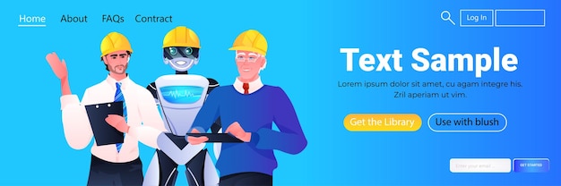 Ingenieros de robots y obreros en cascos de pie juntos trabajadores de la construcción discutiendo durante la reunión del concepto de tecnología de inteligencia artificial
