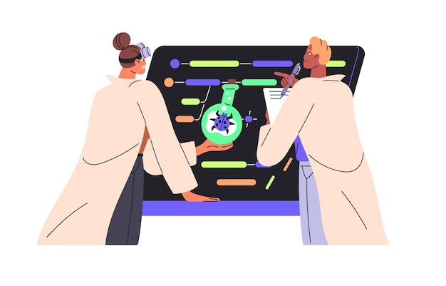 Ingenieros de software de control de calidad inspeccionan el código probadores error de investigación científico sostiene un frasco con error personas programadores buscan error en el programa programación ilustración de vector aislado plano en blanco