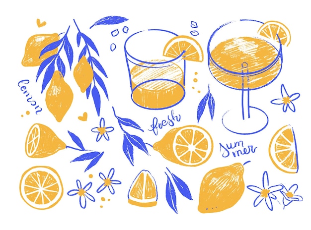 Ingenuo dibujo a mano deliciosos limones maduros en una rama elementos individuales limones rebanadas hojas conjunto