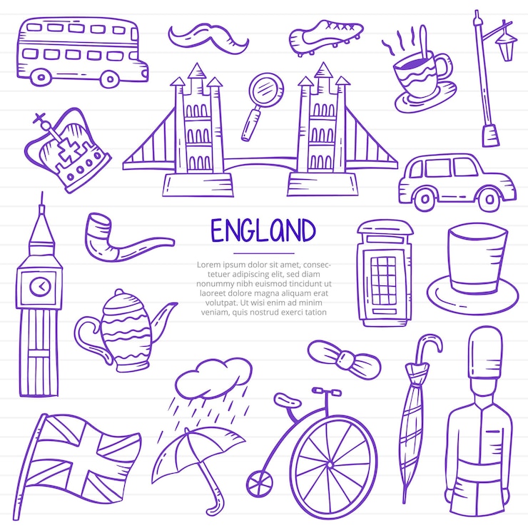 Vector inglaterra país o londres doodle dibujado a mano con estilo de contorno en la línea de libros de papel