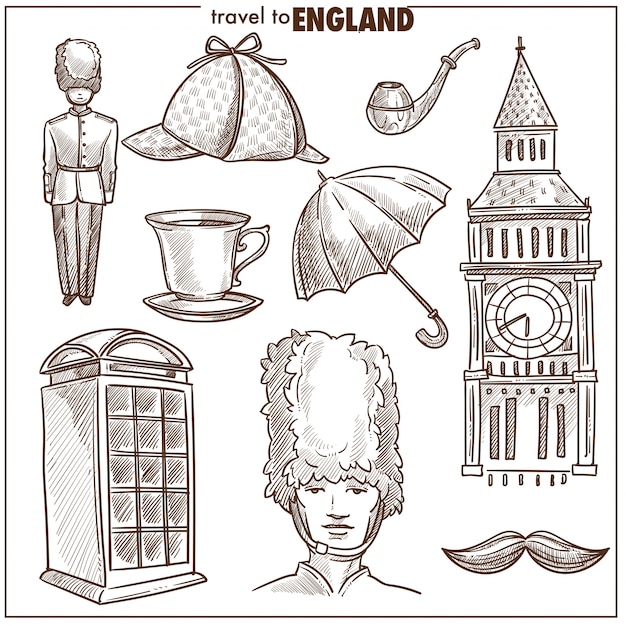 Vector inglaterra viajes turismo vector sketch símbolos