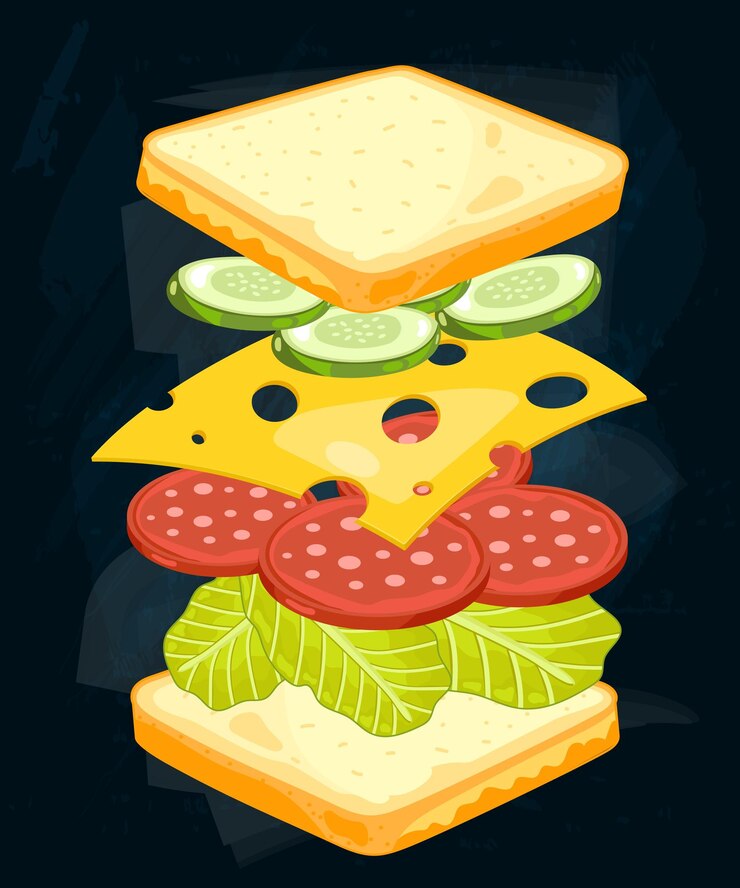 Vector ingrediente para diseño de sándwich aislado en negro
