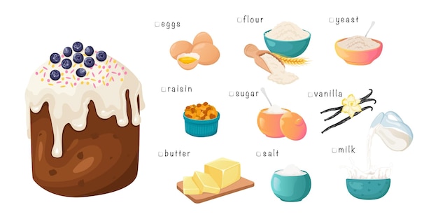 Vector ingrediente de pastel de pascua conjunto de elementos vectoriales leche harina huevos azúcar mantequilla levadura