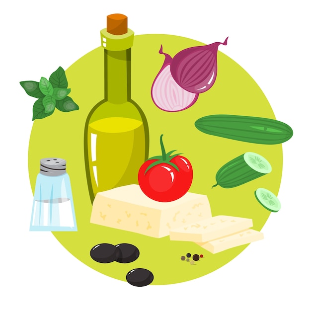 Vector ingrediente saludable para una comida sabrosa. pepino y aceite de oliva